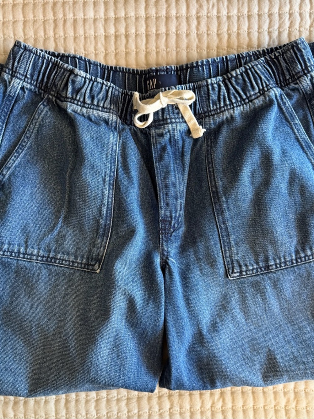 GAP High Rise Pull-On Barrel Jeans Medium Wash Relaxed Denim Size Large - Picture 8 of 11